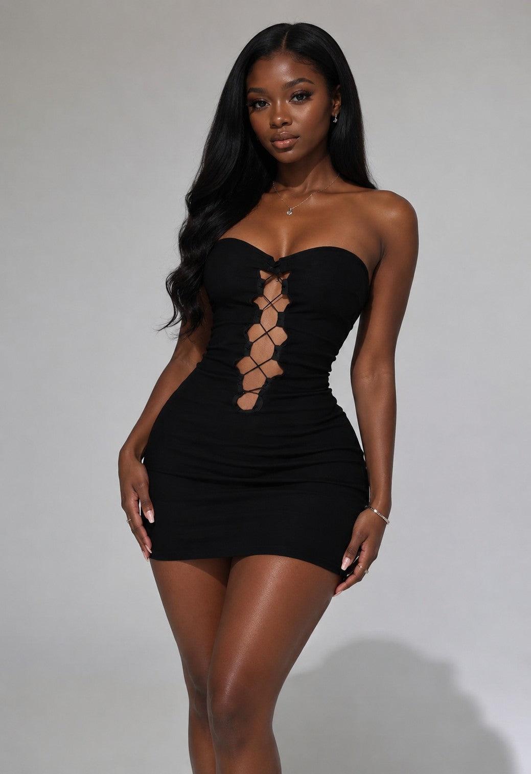 Lace Me Up Tube Mini Dress_Black_front